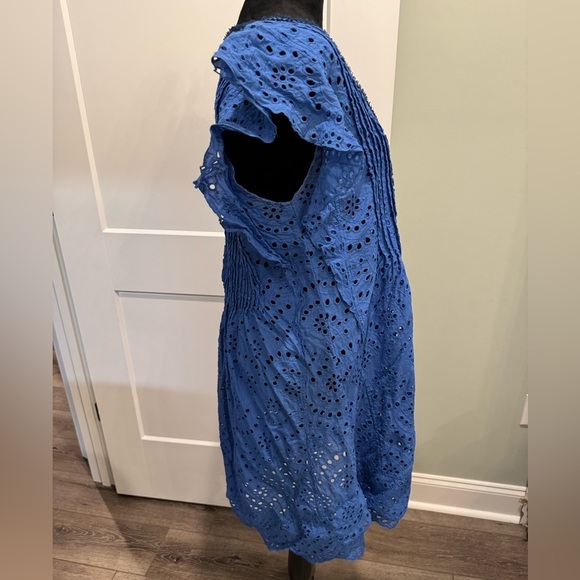 Poupette St Barth Blue Eyelet coverup with Tassels and pleating flutter sleeves - Picture 3 of 11